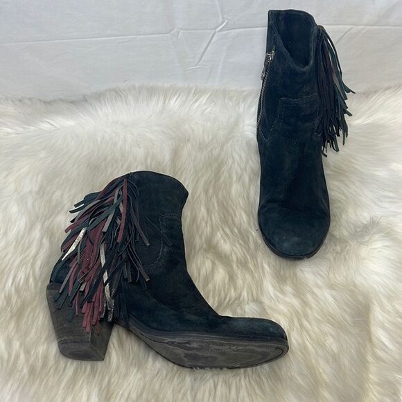 Sam Edelman Louie Black Suede Fringed Booties Sz 8.5 - Picture 2 of 8